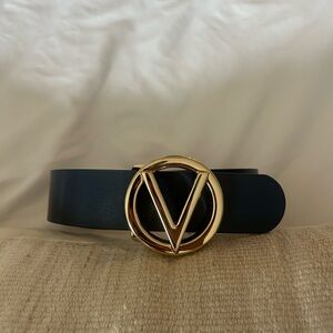 Valentino by Mario Valentino Black Leather Belt with Gold Buckle